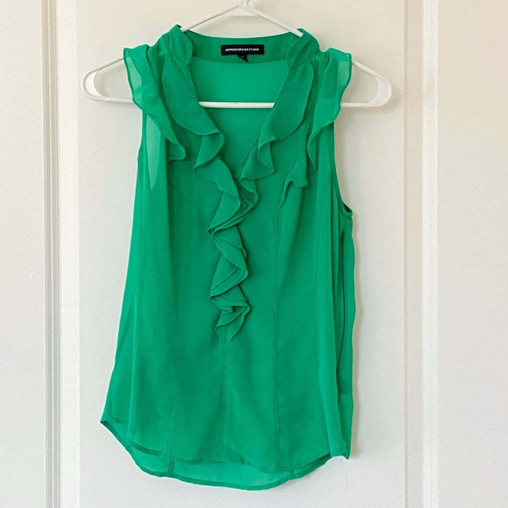 Express sheer green sleeveless tank top with ruffle detail. Size XS
